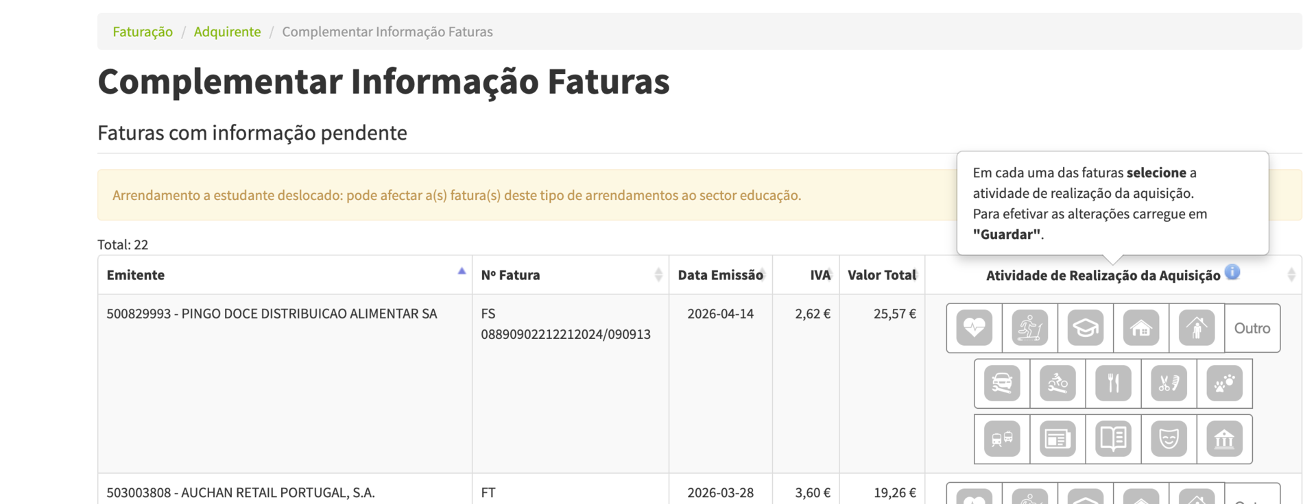 Complementar Informação Faturas screen listing pending receipts, each with a grid of category icons to assign the correct sector