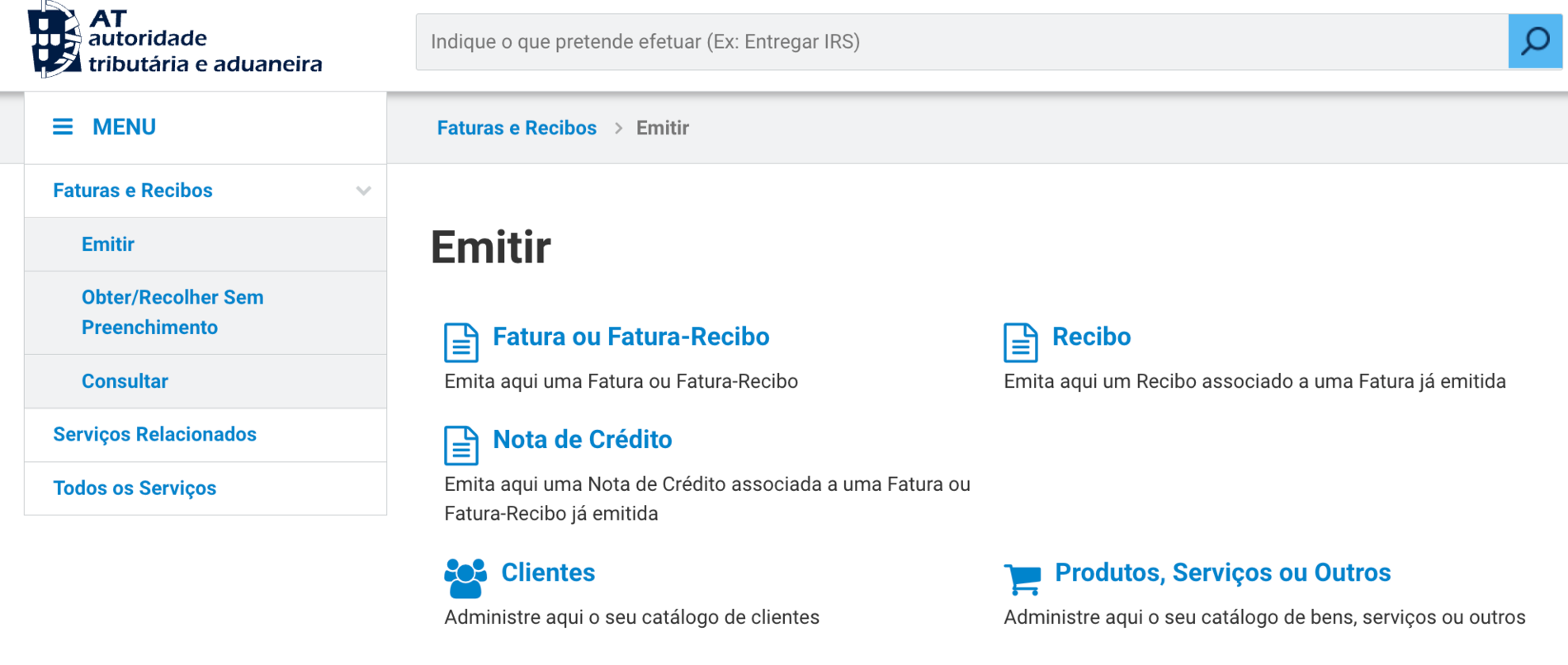 Recibos verdes 'Emitir' module on Portal das Finanças showing options for Fatura ou Fatura-Recibo, Recibo, and Nota de Crédito